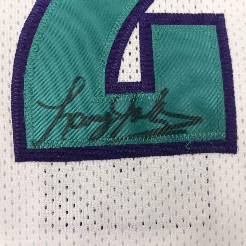 Autographed/Signed Larry Johnson Charlotte White Stat Basketball Jersey PSA/DNA COA