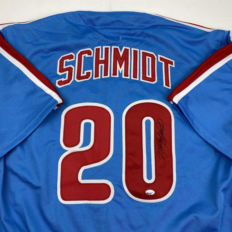 Autographed/Signed Mike Schmidt Philadelphia Retro Blue Baseball Jersey GTSM COA Hologram Only
