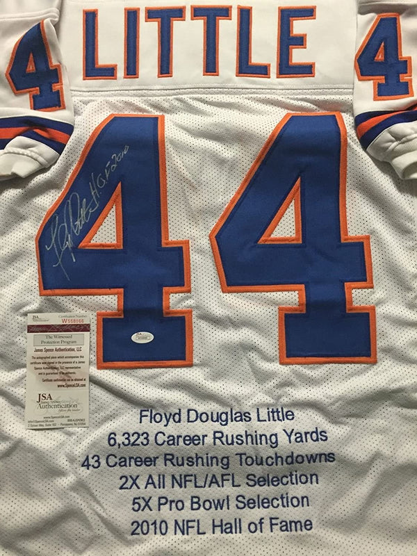 Autographed/Signed Floyd Little HOF 10  Denver Broncos White Stat Football Jersey JSA COA