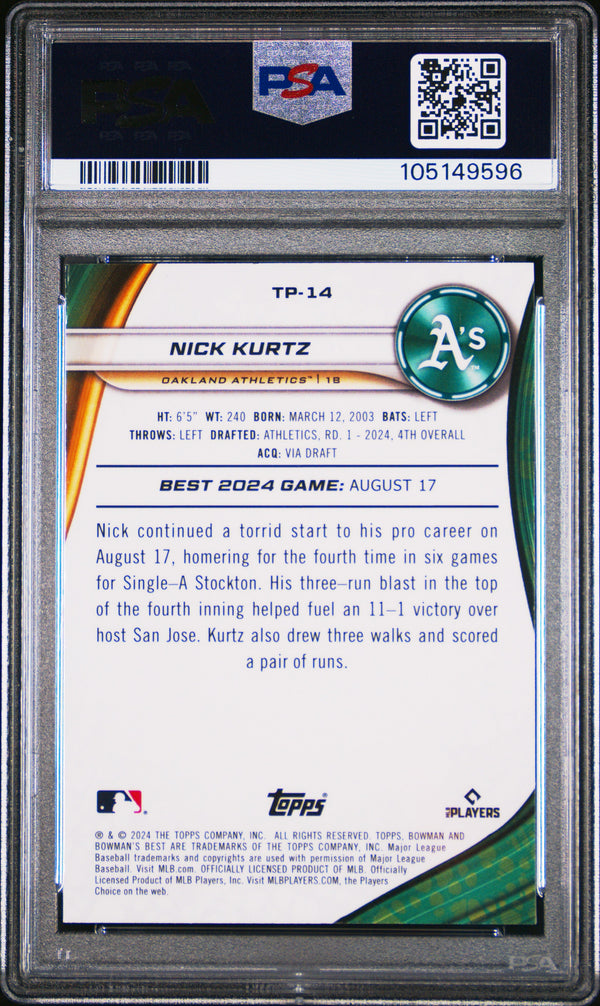 Graded 2024 Topps Bowmans Best Nick Kurtz #TP14 Top Prospects Wave Rookie RC Baseball Card PSA 10 Gem Mint