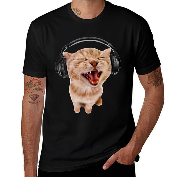 Silly Cat With Headphones  High-quality Stitching T-Shirt