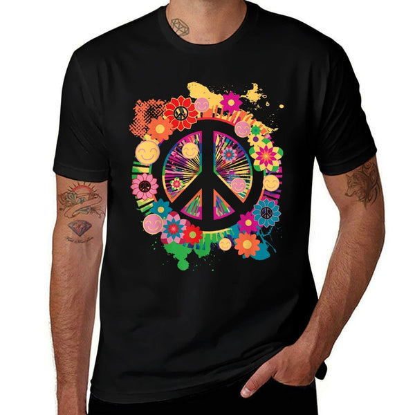 Peace Sign Colorful Flowers Hippie Retro 60s 70s  Tagless Design T-Shirt