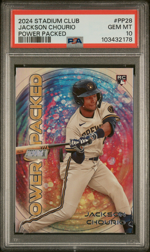 Graded 2024 Topps Stadium Club Jackson Chourio #PP28 Power Packed Rookie RC Baseball Card PSA 10 Gem Mint