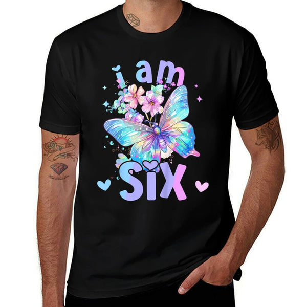 Kids 6th Birthday Butterfly 6 Years Old Six Finally 6 Birthday  Heathered Texture T-Shirt