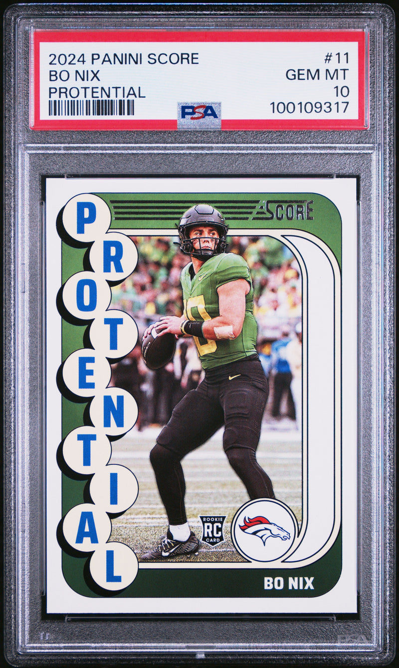 Graded 2024 Panini Score Bo Nix #11 Protential Rookie RC Football Card PSA 10 Gem Mint