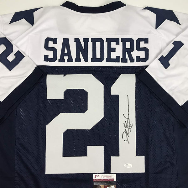 Autographed/Signed Deion Sanders Dallas Thanksgiving Day Football Jersey JSA COA