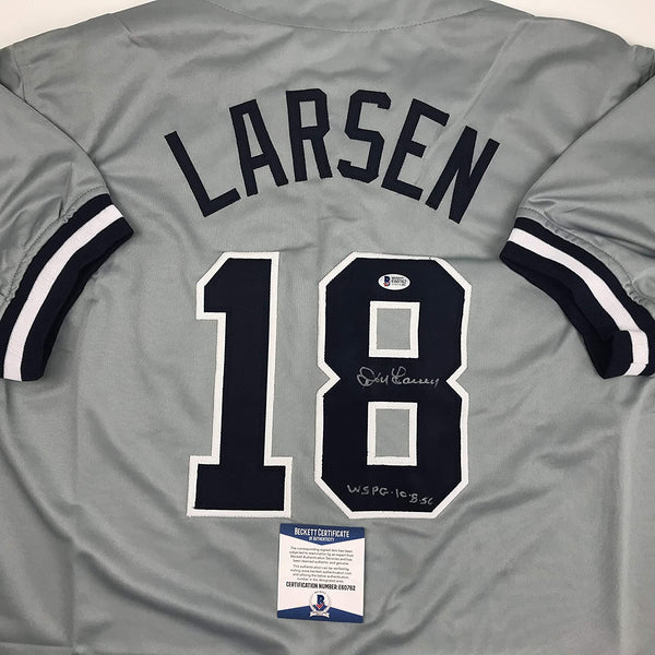 Autographed/Signed Don Larsen WS PG 10-8-56 New York Grey Baseball Jersey Beckett BAS COA