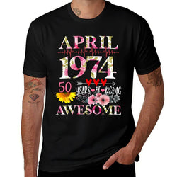 April 1974 Floral 50th Birthday 50 Years Of Being Awesome  Rolled Sleeves T-Shirt