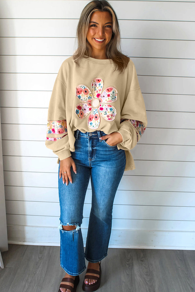 Pale Khaki Flower Applique Patchwork Drop Sleeve Pullover Sweatshirt