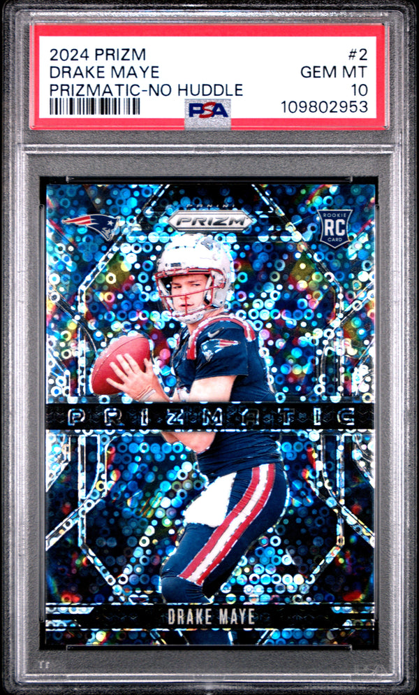Graded 2024 Panini Prizm Drake Maye #2 Prizmatic No Huddle Rookie RC Football Card PSA 10 Gem Mint