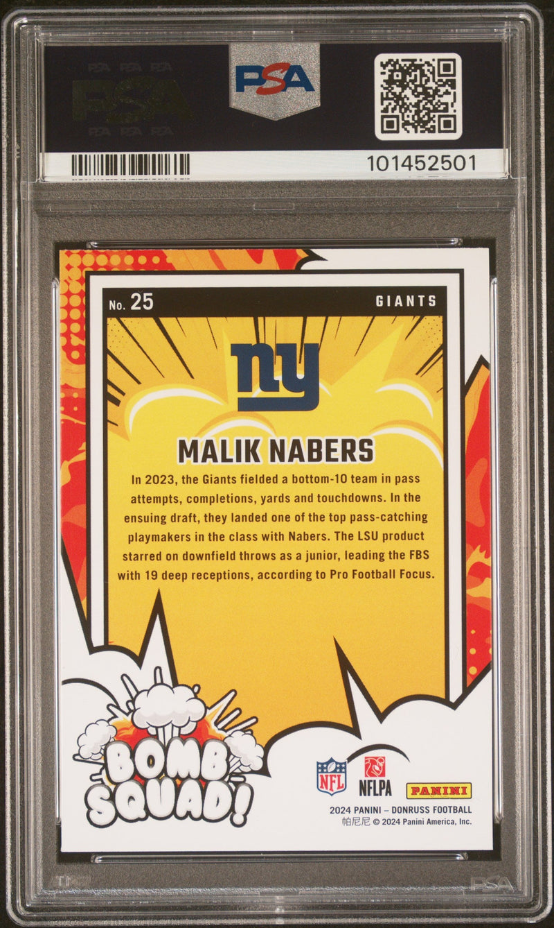 Graded 2024 Panini Donruss Malik Nabers #25 Bomb Squad Rookie RC Football Card PSA 10 Gem Mint