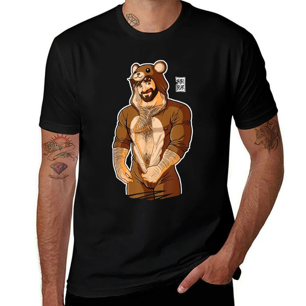 Bobo Bear Mens Black Cartoon Bear, Small,, Crew Neck, Classic Fit, Lightweight Modern, All Seasons  Rolled Sleeves T-Shirt