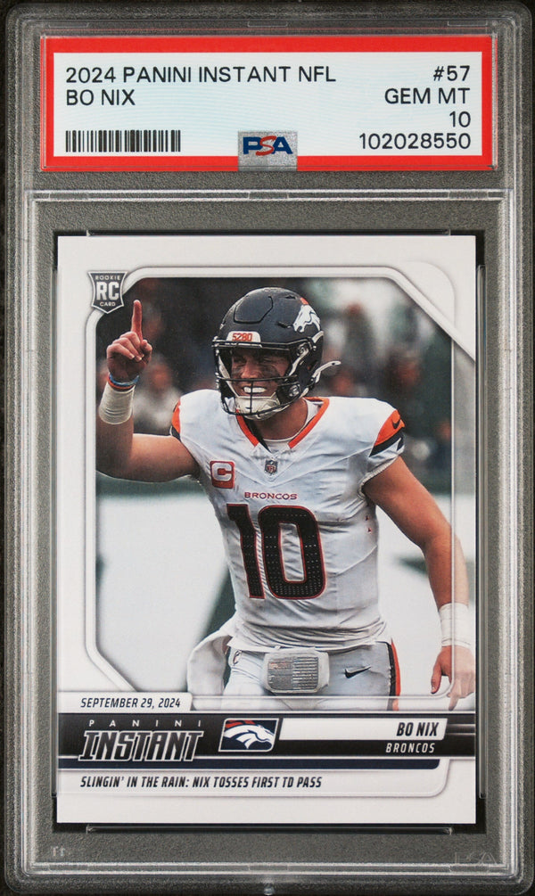 Graded 2024 Panini Instant NFL Bo Nix #57 Rookie RC Football Card PSA 10 Gem Mint