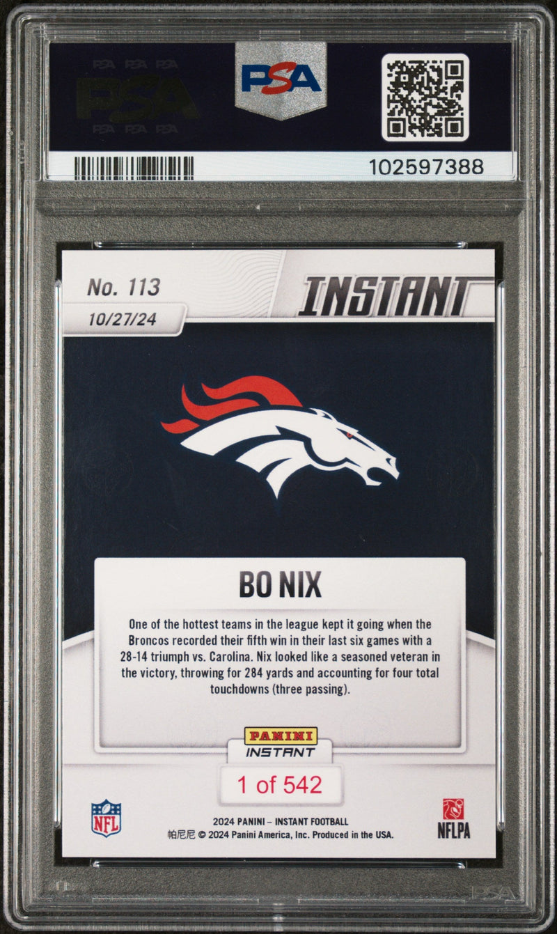 Graded 2024 Panini Instant NFL Bo Nix #113 Rookie RC Football Card PSA 10 Gem Mint