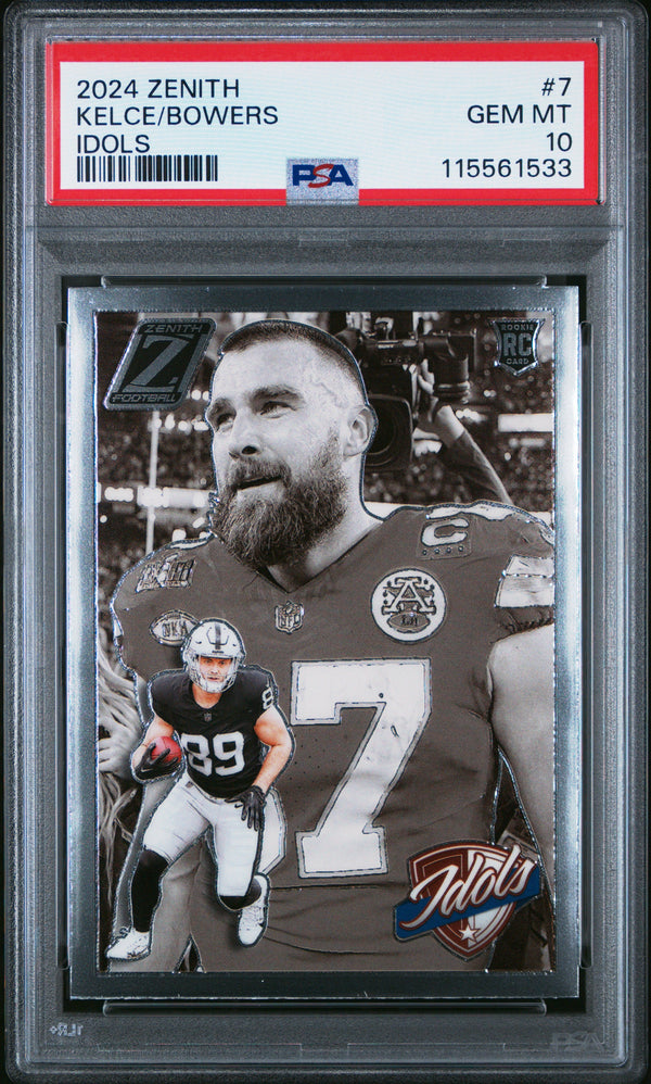 Graded 2024 Panini Zenith Travis Kelce/Brock Bowers #7 Idols Rookie RC Football Card PSA 10 Gem Mint