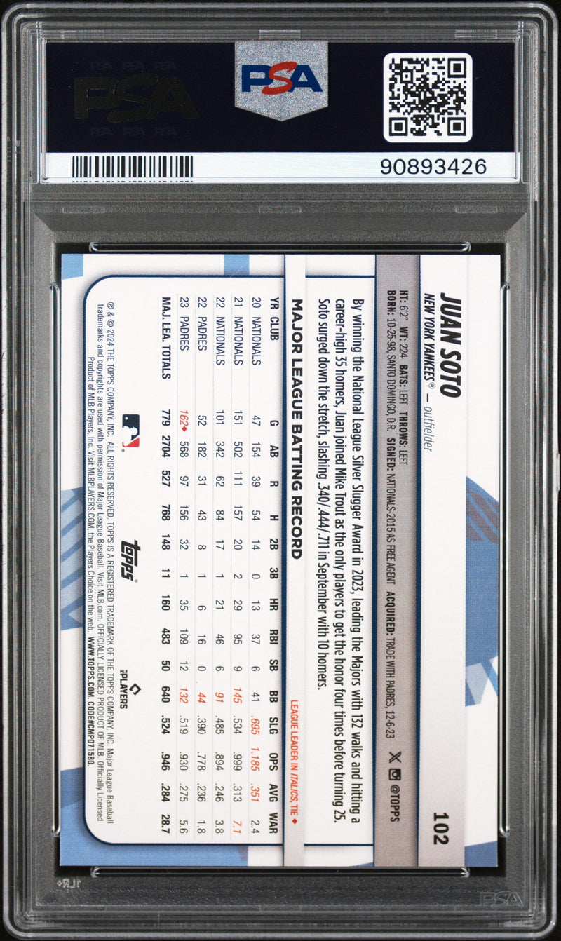 Graded 2024 Topps Big League Juan Soto #102 Baseball Card PSA 10 Gem Mint
