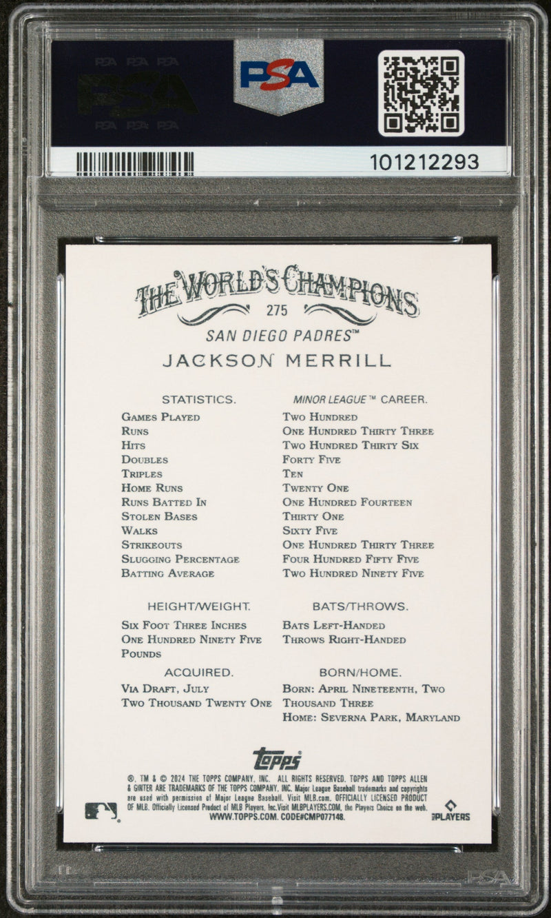 Graded 2024 Topps Allen & Ginter Jackson Merrill #275 Rookie RC Baseball Card PSA 10 Gem Mint