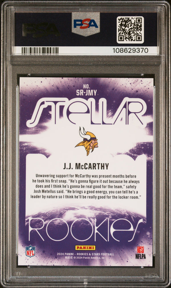Graded 2024 Panini Rookies & Stars JJ McCarthy #SRJMY Stellar Rookies Rookie RC Football Card PSA 10 Gem Mint