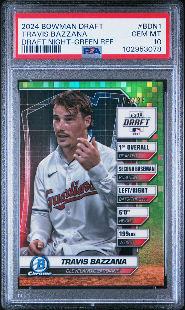 Graded 2024 Topps Bowman Draft Travis Bazzana #BDN1 Draft Night Green Refractor /99 Rookie RC Baseball Card PSA 10 Gem Mint