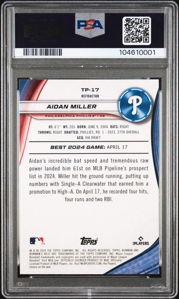 Graded 2024 Topps Bowmans Best Aidan Miller #TP17 Top Prospects Refractor Rookie RC Baseball Card PSA 10 Gem Mint