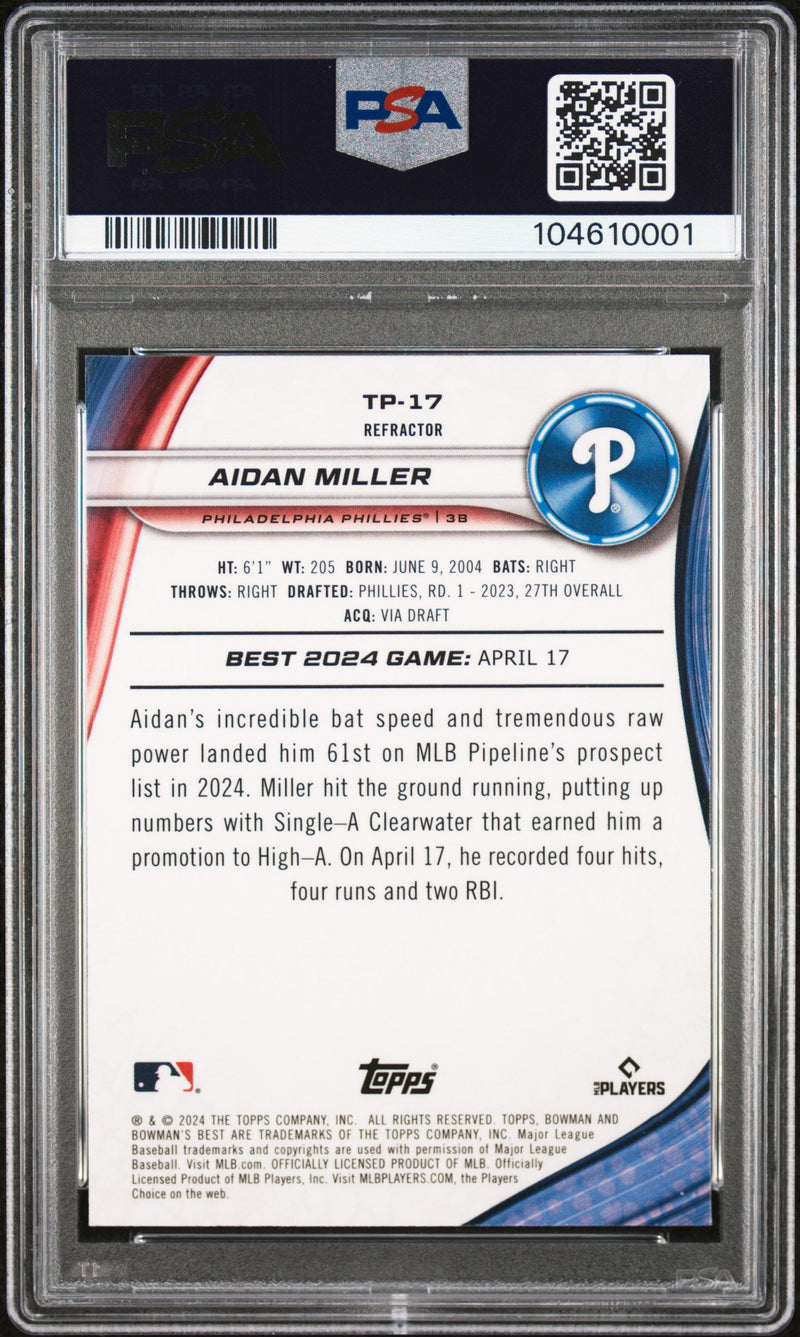 Graded 2024 Topps Bowmans Best Aidan Miller #TP17 Top Prospects Refractor Rookie RC Baseball Card PSA 10 Gem Mint
