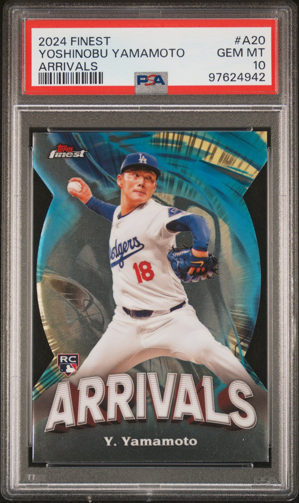 Graded 2024 Topps Finest Yoshinobu Yamamoto #A20 Arrivals Rookie RC Baseball Card PSA 10 Gem Mint