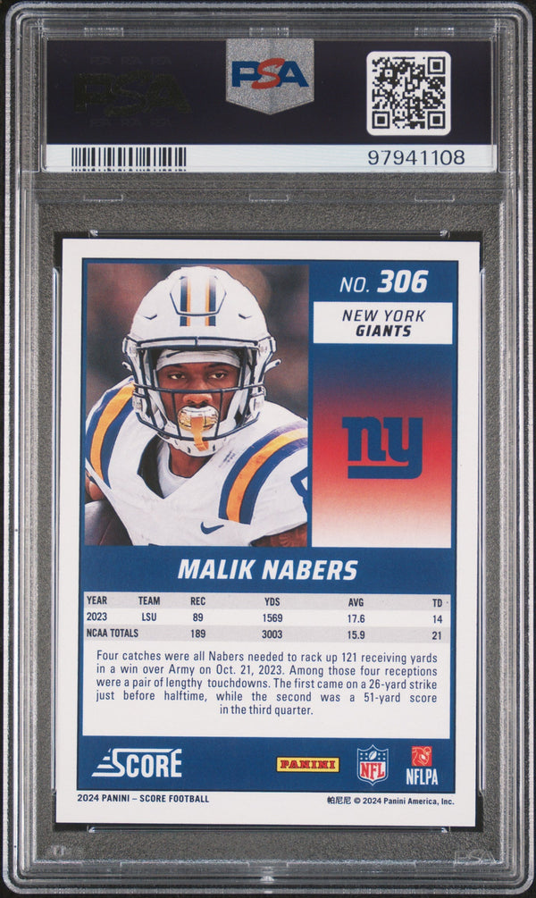 Graded 2024 Panini Score Malik Nabers #306 Rookie RC Football Card PSA 10 Gem Mint