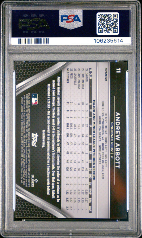 Graded 2024 Topps Chrome Black Andrew Abbott #11 Refractor /199 Rookie RC Baseball Card PSA 10 Gem Mint
