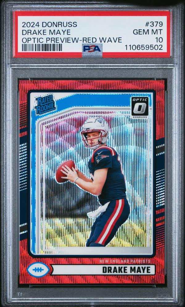 Graded 2024 Panini Donruss Drake Maye #379 Optic Preview Red Wave Rookie RC Football Card PSA 10 Gem Mint