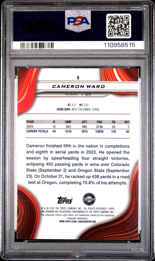 Graded 2024 Topps Bowman Best University Cam Ward #8 Yellow Refractor /75 Rookie RC Football Card PSA 9 Mint