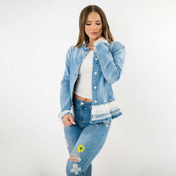 Long Sleeve beaded jacket with  Lace peplum