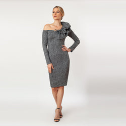 Assymmetric Ruffled Shoulder Sheath