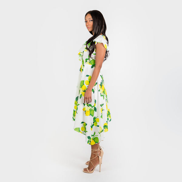 CN7177 Ruffled Nkline Sharkbite Hem Dress