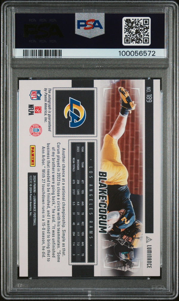 Graded 2024 Panini Luminance Blake Corum #189 Autograph Gold #/100 Rookie RC Football Card PSA 10 Gem Mint