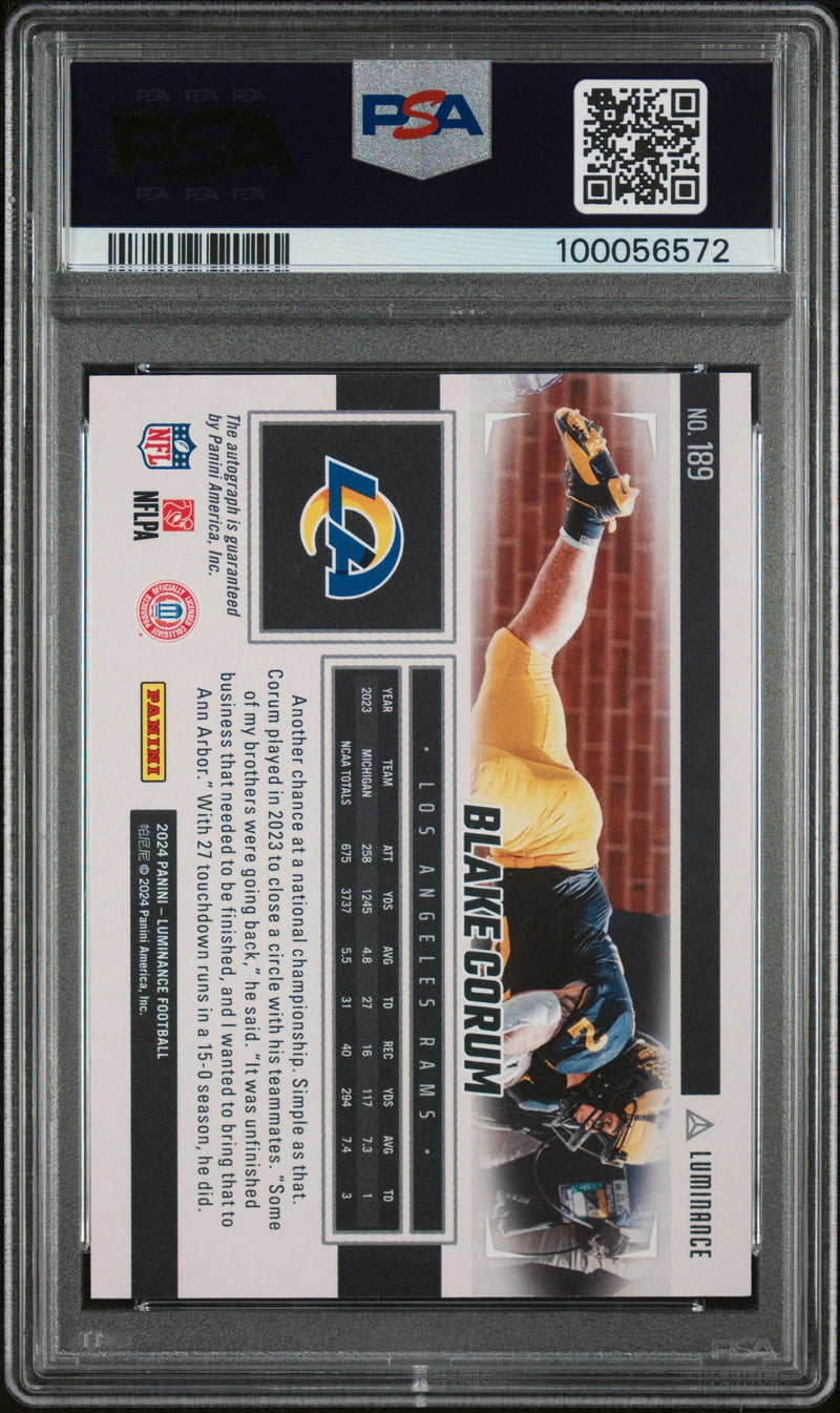 Graded 2024 Panini Luminance Blake Corum #189 Autograph Gold #/100 Rookie RC Football Card PSA 10 Gem Mint