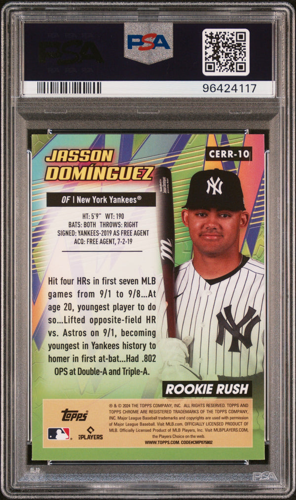 Graded 2024 Topps Chrome Jasson Dominguez #10 All Etch Rookie Rush Rookie RC Baseball Card PSA 10 Gem Mint