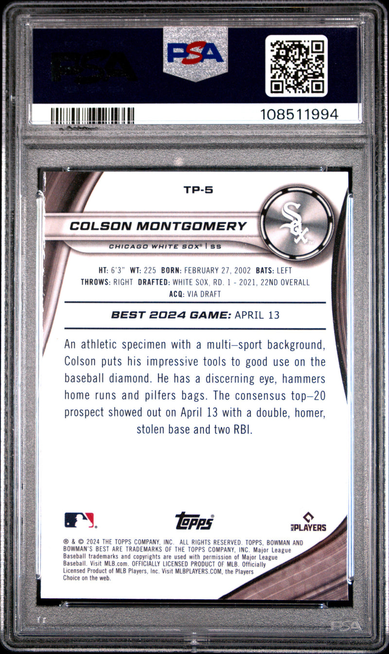 Graded 2024 Topps Bowmans Best Colson Montgomery #TP5 Top Prospects Purple Refractor /250 Rookie RC Baseball Card PSA 10 Gem Mint