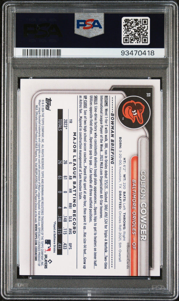 Graded 2024 Topps Bowman Colton Cowser #31 Rookie RC Baseball Card PSA 9 Mint