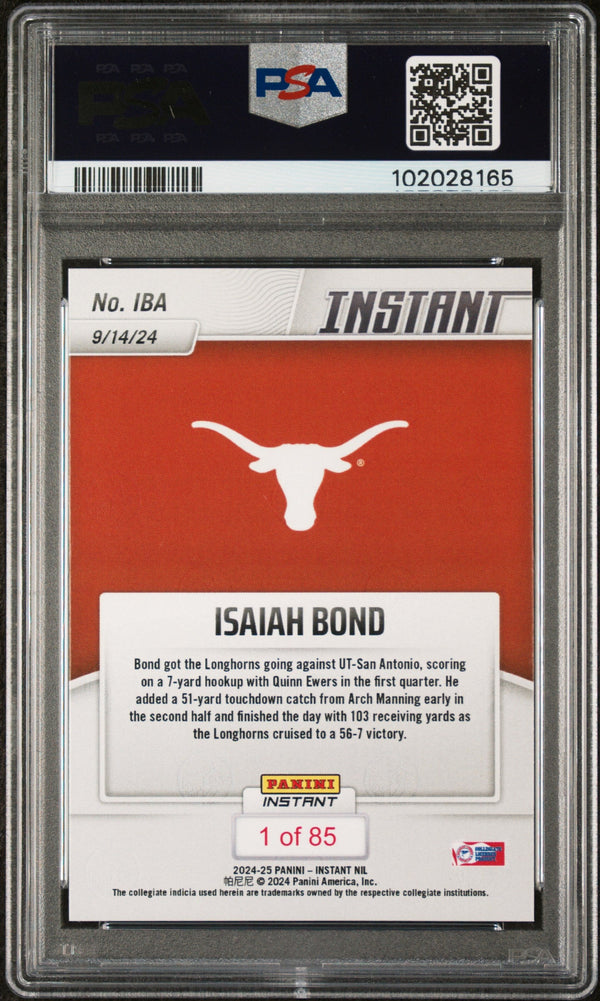Graded 2024 Panini Instant NIL Isaiah Bond #IBA Rookie RC Football Card PSA 10 Gem Mint