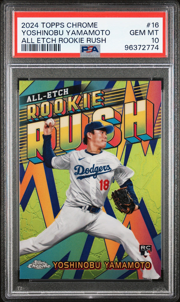 Graded 2024 Topps Chrome Yoshinobu Yamamoto #16 All Etch Rookie Rush Rookie RC Baseball Card PSA 10 Gem Mint