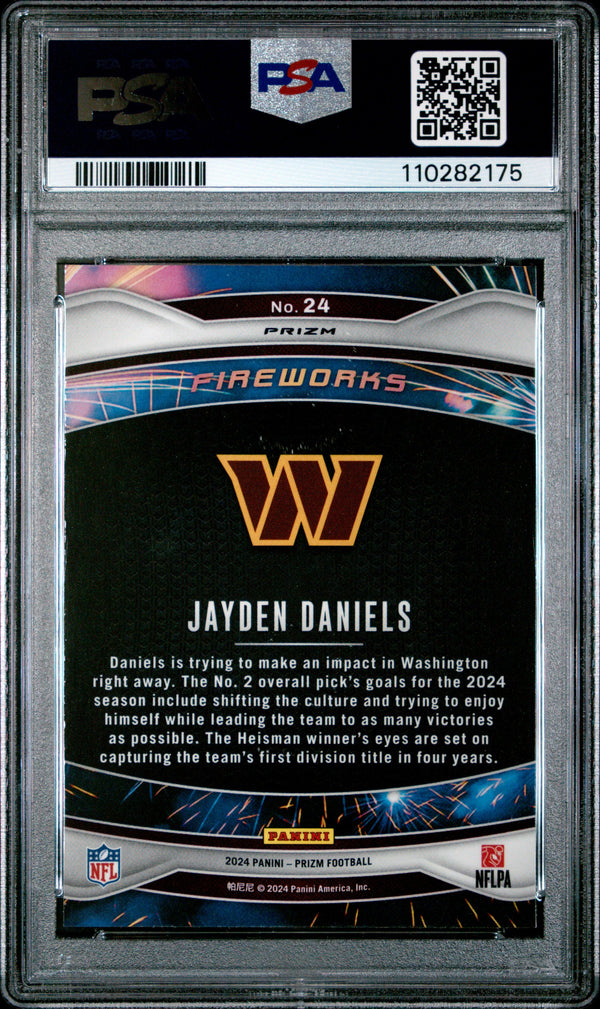 Graded 2024 Panini Prizm Jayden Daniels #24 Fireworks Green Prizm Rookie RC Football Card PSA 10 Gem Mint