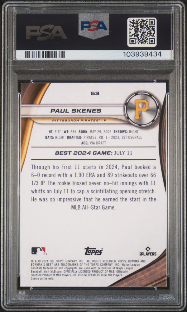 Graded 2024 Topps Bowmans Best Paul Skenes #53 Rookie RC Baseball Card PSA 10 Gem Mint