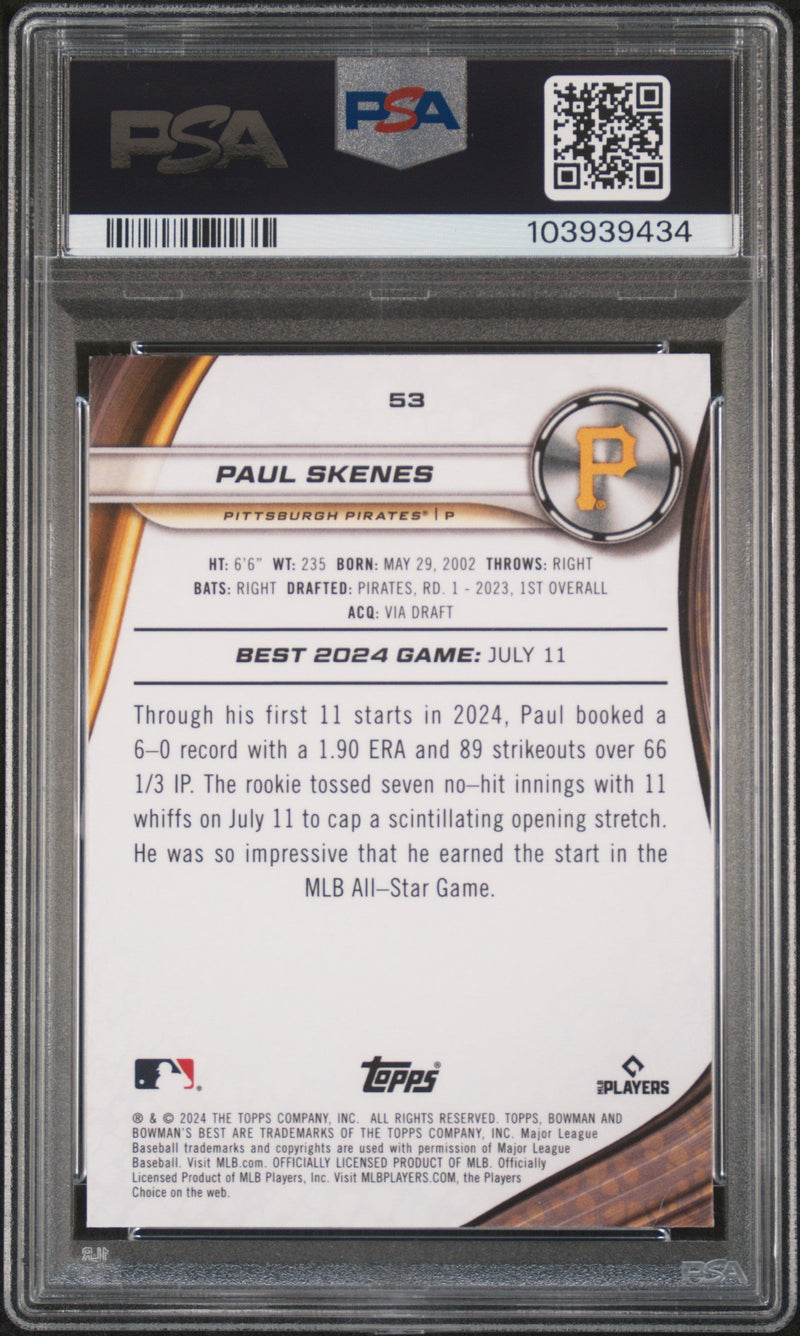 Graded 2024 Topps Bowmans Best Paul Skenes #53 Rookie RC Baseball Card PSA 10 Gem Mint