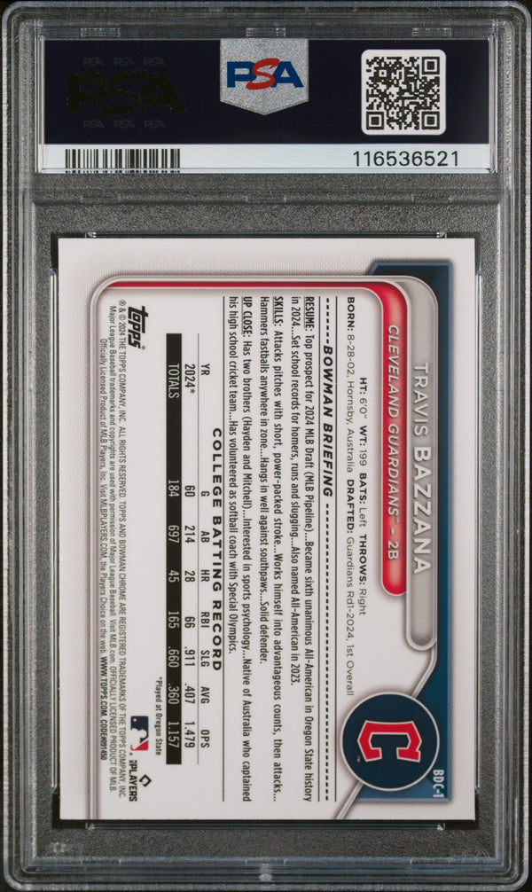 Graded 2024 Topps Bowman Draft Travis Bazzana #BDC1 Chrome Rookie RC Baseball Card PSA 9 Mint