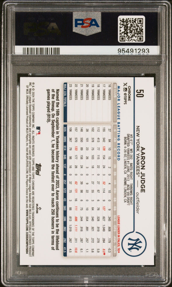 Graded 2024 Topps Chrome Aaron Judge #50 Baseball Card PSA 10 Gem Mint