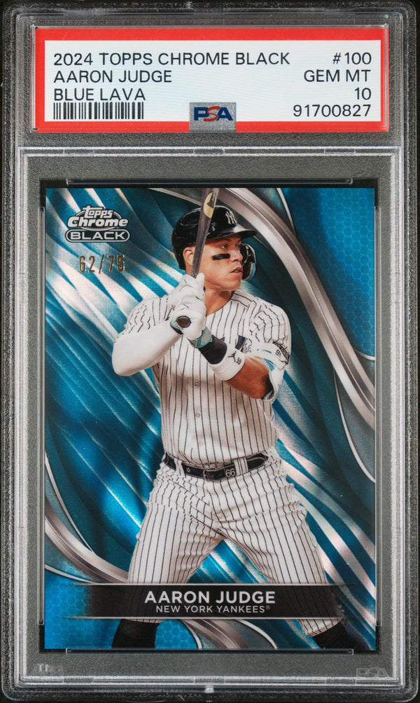 Graded 2024 Topps Chrome Black Aaron Judge #100 Blue Lava #/75 Baseball Card PSA 10 Gem Mint