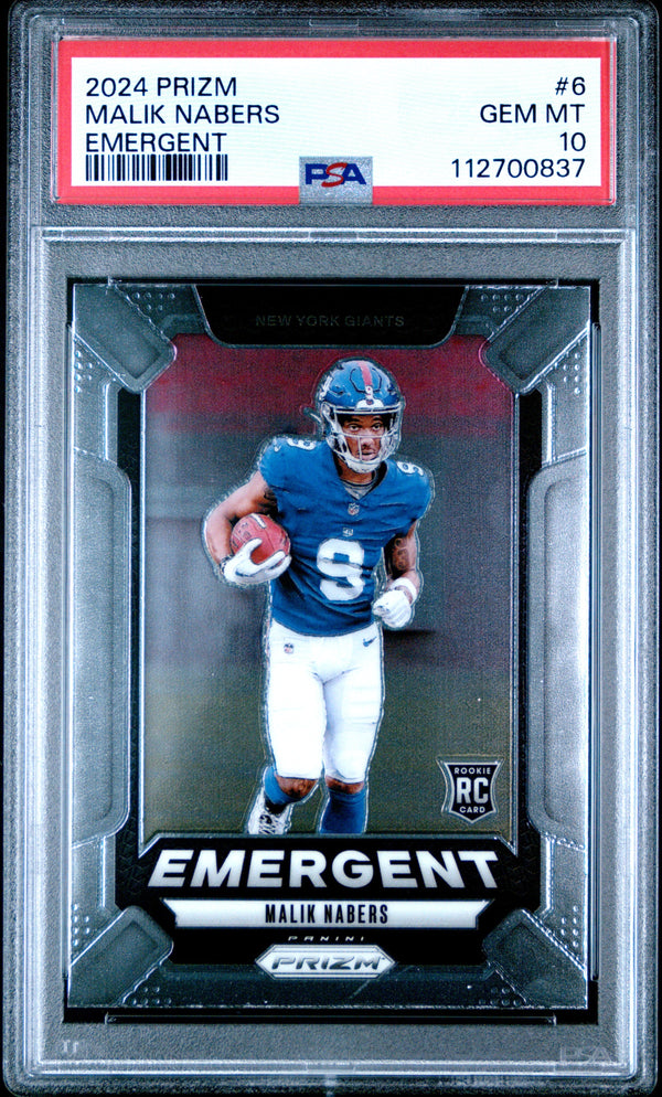 Graded 2024 Panini Prizm Malik Nabers #6 Emergent Rookie RC Football Card PSA 10 Gem Mint