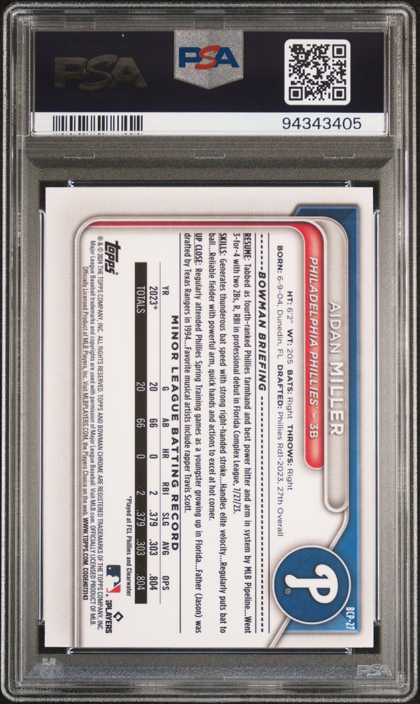 Graded 2024 Topps Bowman Aidan Miller #BCP27 Chrome Prospects Lunar Glow Refractor Rookie RC Baseball Card PSA 10 Gem Mint