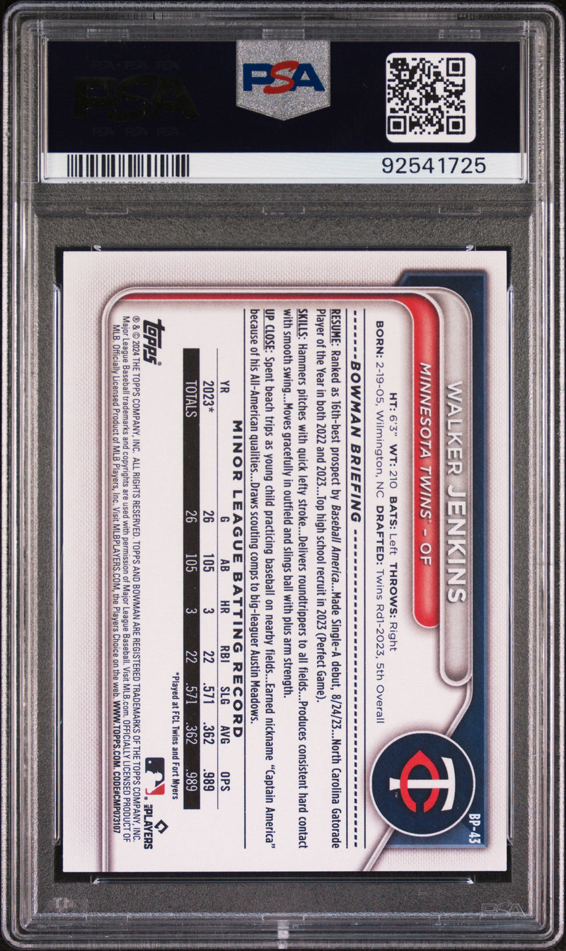 Graded 2024 Topps Bowman Walker Jenkins #BP43 Paper Prospects Rookie RC Baseball Card PSA 10 Gem Mint