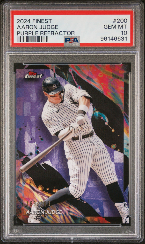Graded 2024 Topps Finest Aaron Judge #200 Purple Refractor #/200 Baseball Card PSA 10 Gem Mint
